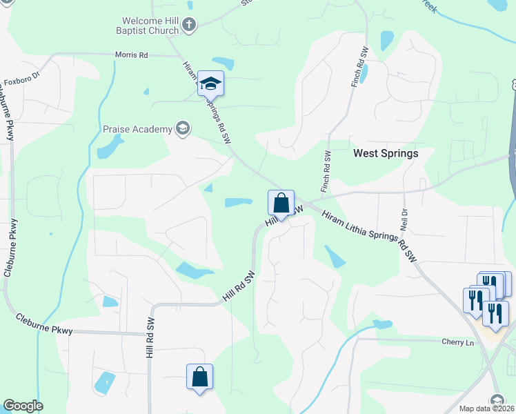 map of restaurants, bars, coffee shops, grocery stores, and more near 4154 Hiram Lithia Springs Road Southwest in Powder Springs