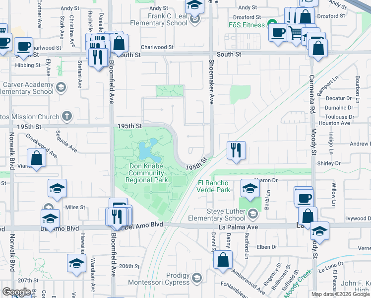 map of restaurants, bars, coffee shops, grocery stores, and more near 12861 Wrightwick Drive in Cerritos