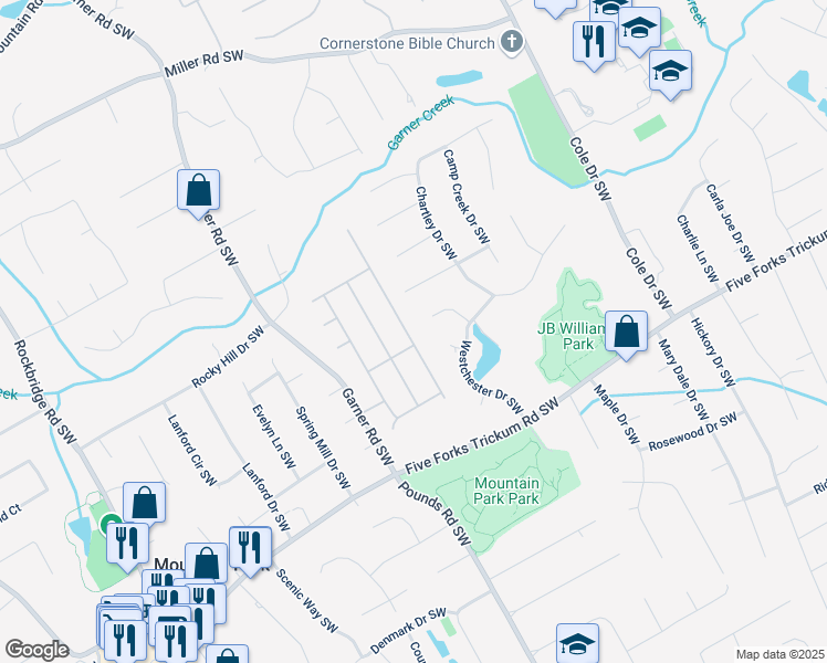 map of restaurants, bars, coffee shops, grocery stores, and more near 1136 Garner Creek Drive in Lilburn