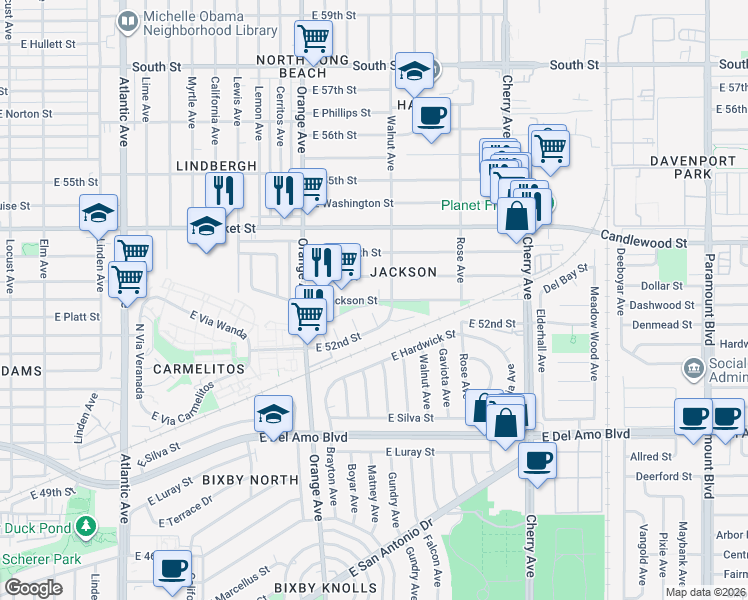 map of restaurants, bars, coffee shops, grocery stores, and more near 1445 East Jackson Street in Long Beach