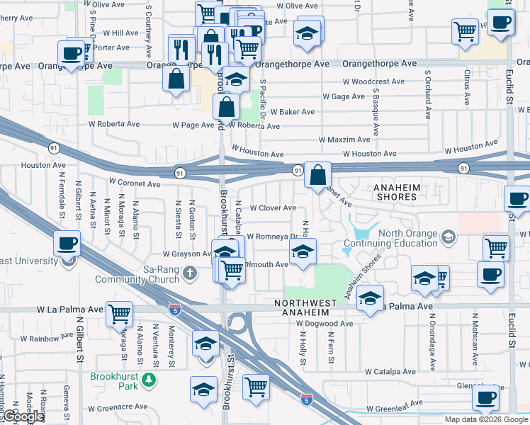 map of restaurants, bars, coffee shops, grocery stores, and more near 2136 West Clover Avenue in Anaheim