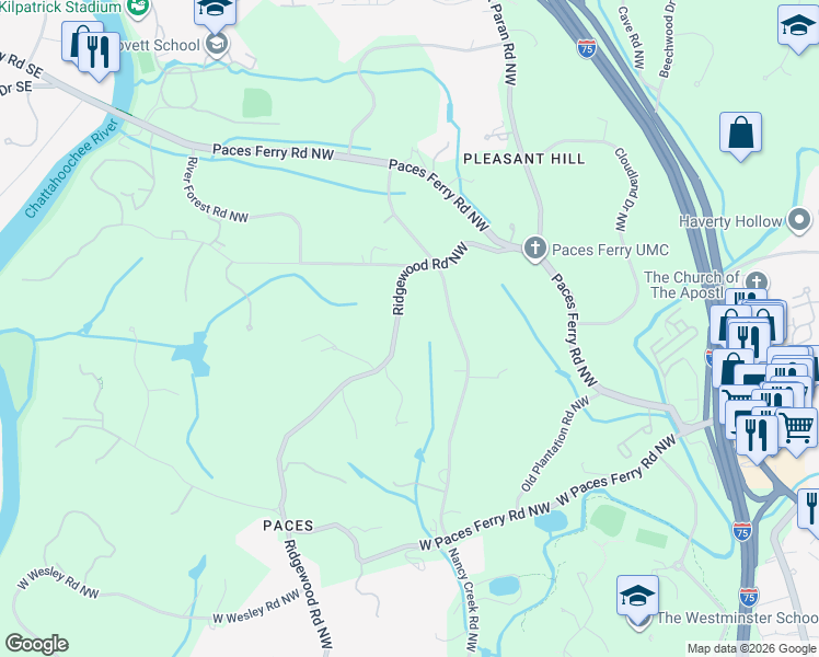 map of restaurants, bars, coffee shops, grocery stores, and more near 3541 Ridgewood Road Northwest in Atlanta