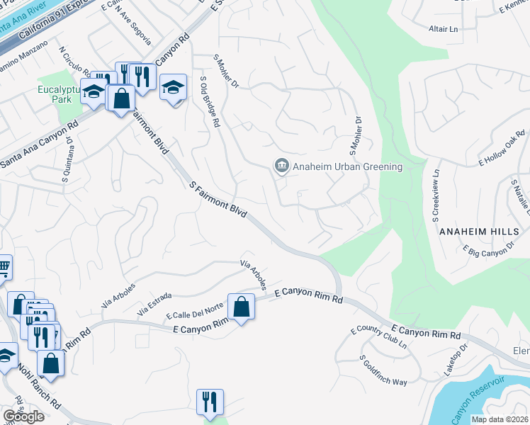 map of restaurants, bars, coffee shops, grocery stores, and more near 405 South Bridge View Drive in Anaheim