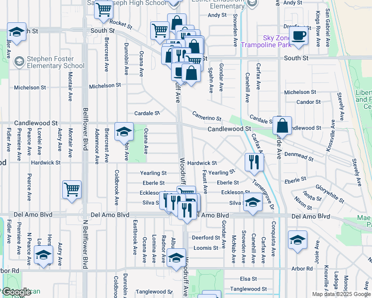 map of restaurants, bars, coffee shops, grocery stores, and more near 5134 Woodruff Avenue in Lakewood