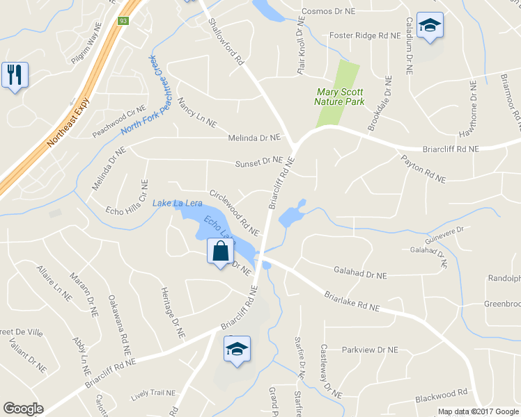 map of restaurants, bars, coffee shops, grocery stores, and more near 3986 Briarcliff Road Northeast in Atlanta