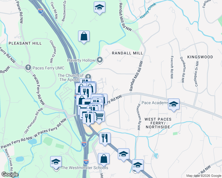 map of restaurants, bars, coffee shops, grocery stores, and more near 3240 West Paces Park Court Northwest in Atlanta