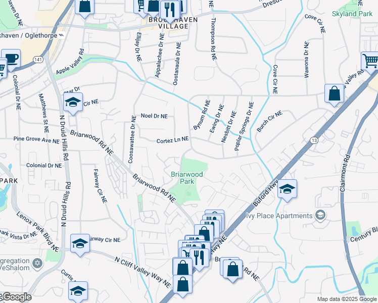 map of restaurants, bars, coffee shops, grocery stores, and more near 2288 Drew Valley Road Northeast in Atlanta