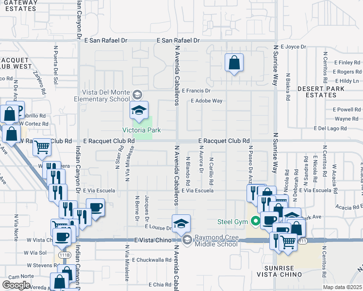 map of restaurants, bars, coffee shops, grocery stores, and more near 2482 North Avenida Caballeros in Palm Springs