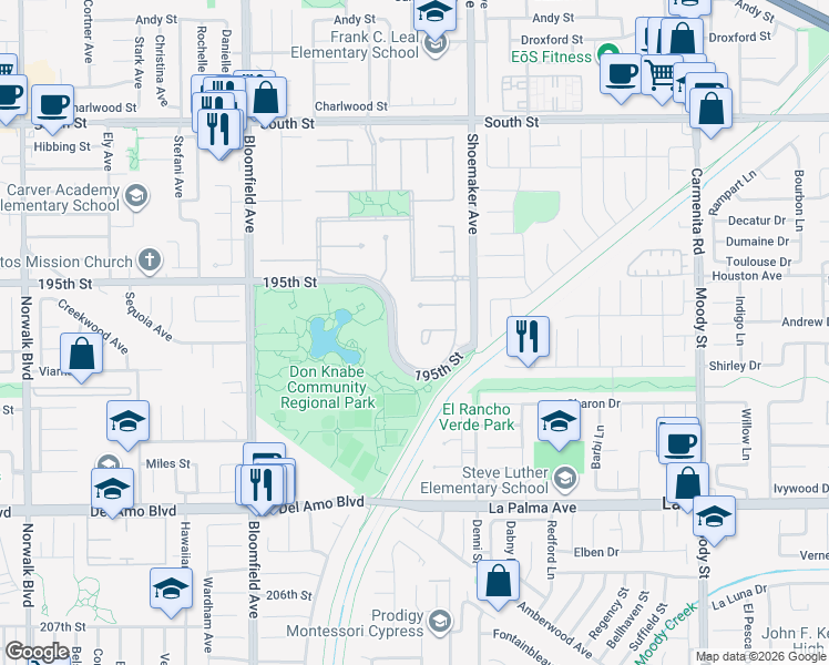map of restaurants, bars, coffee shops, grocery stores, and more near 12861 Wrightwick Drive in Cerritos