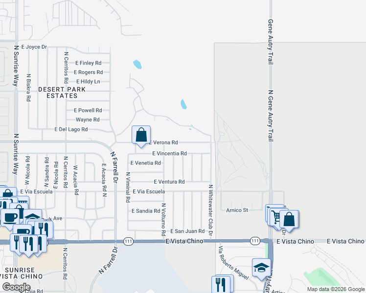 map of restaurants, bars, coffee shops, grocery stores, and more near 3033 East Verona Road in Palm Springs
