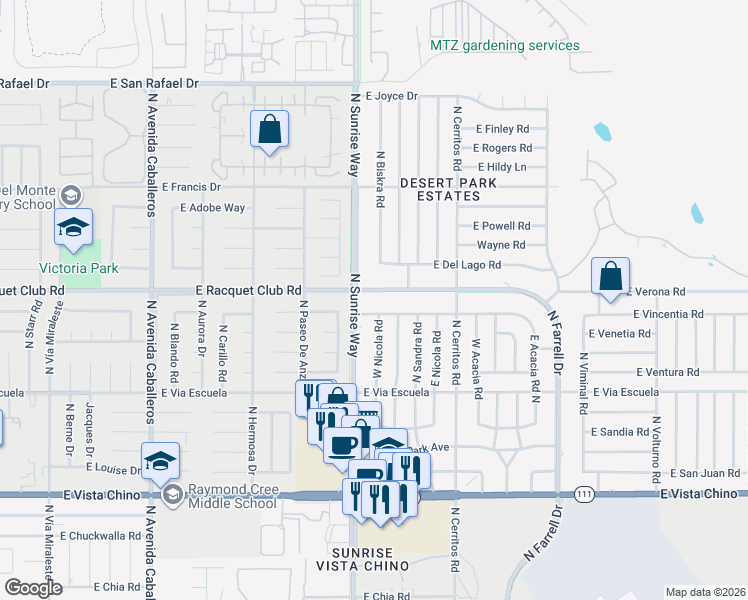 map of restaurants, bars, coffee shops, grocery stores, and more near 1809 East Racquet Club Road in Palm Springs
