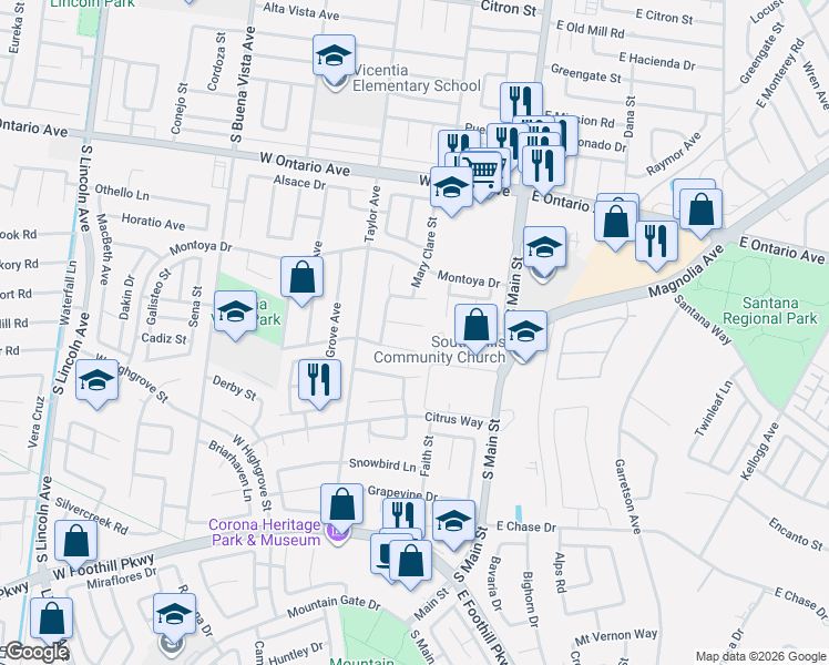 map of restaurants, bars, coffee shops, grocery stores, and more near 409 Rocco Circle in Corona