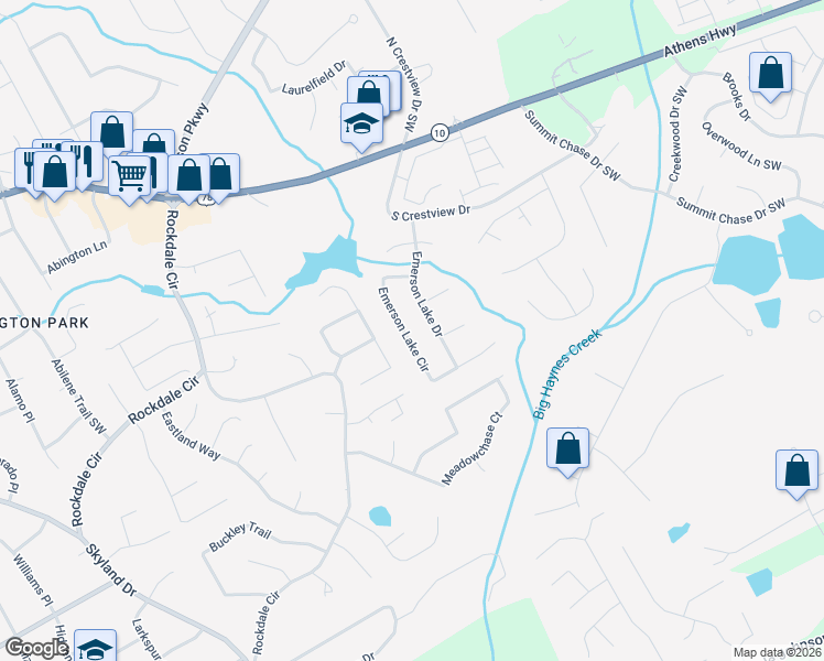 map of restaurants, bars, coffee shops, grocery stores, and more near 1834 Emerson Lake Circle in Snellville