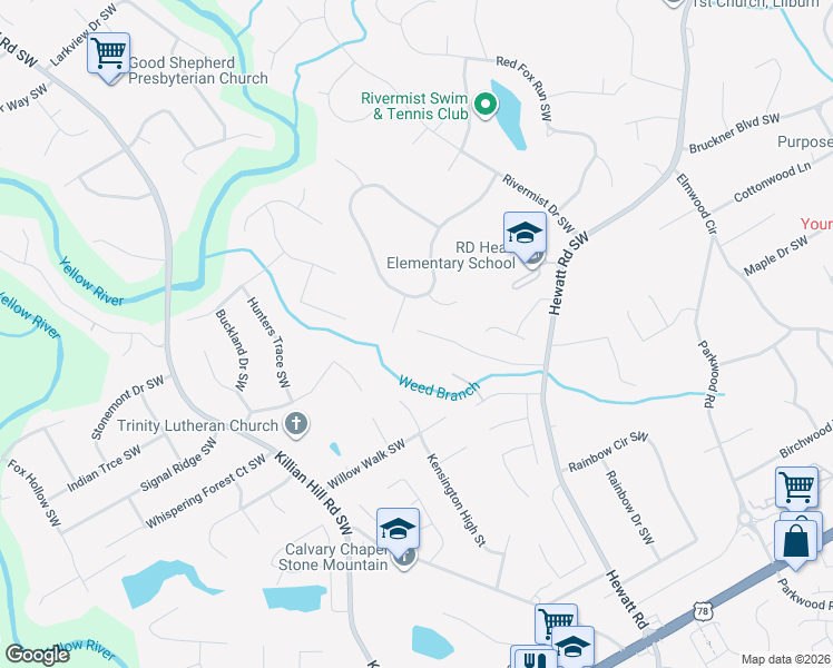 map of restaurants, bars, coffee shops, grocery stores, and more near 1778 Quail Cove Southwest in Lilburn