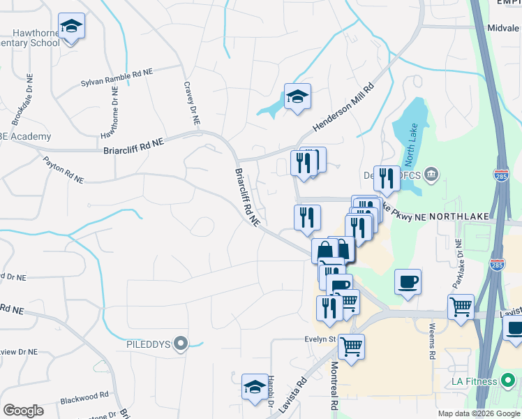 map of restaurants, bars, coffee shops, grocery stores, and more near 2287 Briarcliff Commons in Atlanta