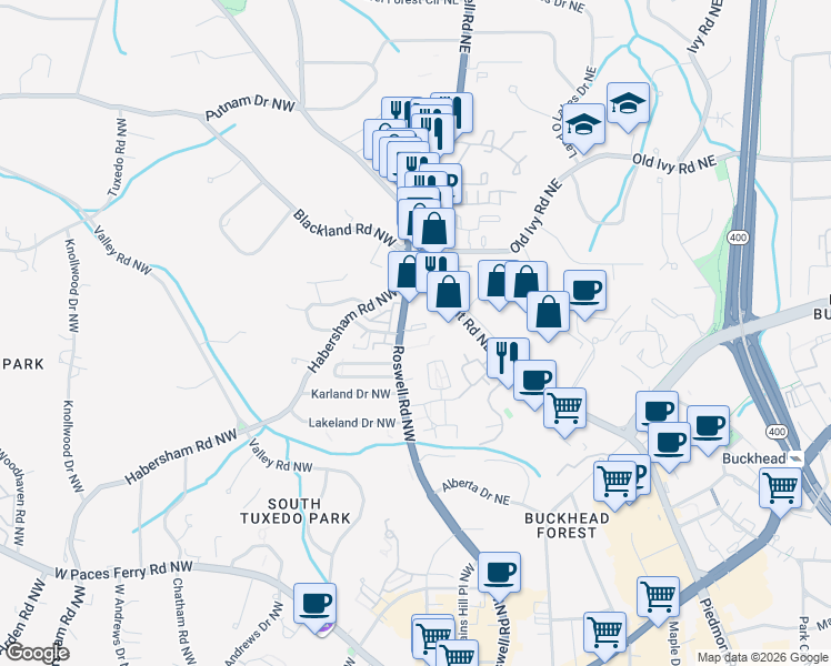 map of restaurants, bars, coffee shops, grocery stores, and more near 3541 Roswell Road Northeast in Atlanta