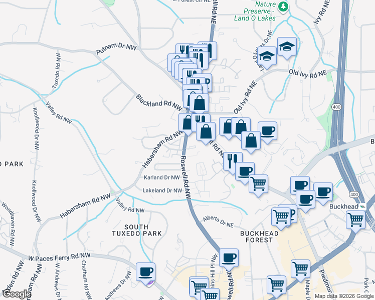 map of restaurants, bars, coffee shops, grocery stores, and more near 3541 Roswell Road Northeast in Atlanta