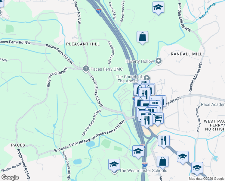 map of restaurants, bars, coffee shops, grocery stores, and more near 3581 Cloudland Drive Northwest in Atlanta