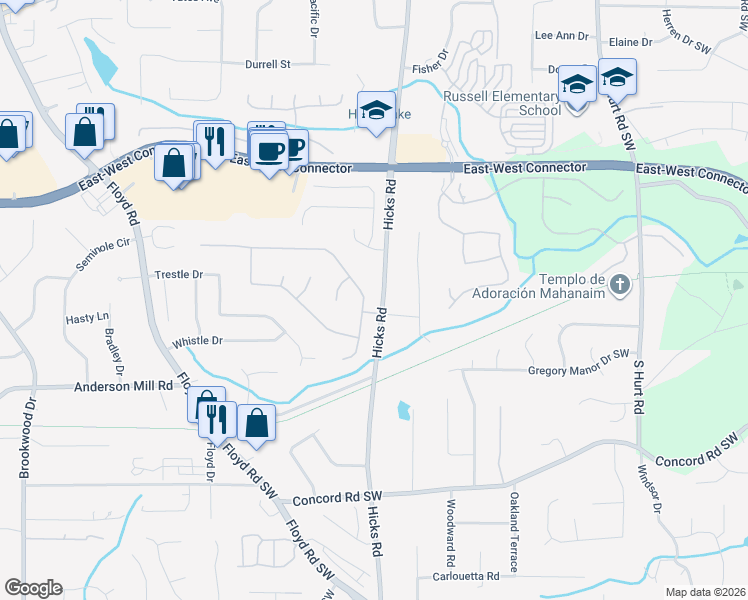 map of restaurants, bars, coffee shops, grocery stores, and more near 4032 Brantley Drive in Austell