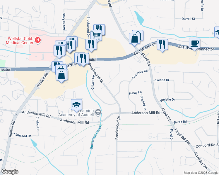 map of restaurants, bars, coffee shops, grocery stores, and more near 4185 Brookwood Drive in Austell