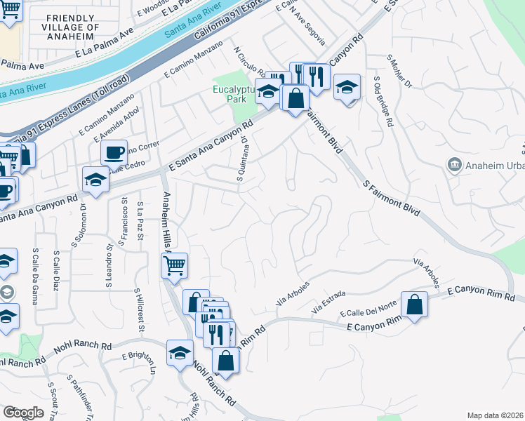 map of restaurants, bars, coffee shops, grocery stores, and more near 284 South Quintana Drive in Anaheim