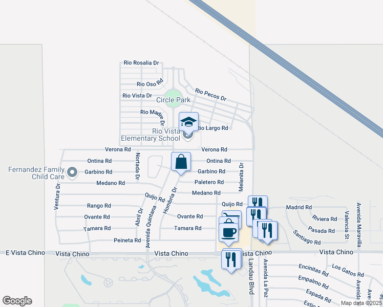 map of restaurants, bars, coffee shops, grocery stores, and more near 67685 Verona Road in Cathedral City