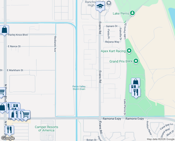 map of restaurants, bars, coffee shops, grocery stores, and more near 769 Augusta Drive in Perris