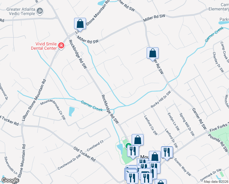 map of restaurants, bars, coffee shops, grocery stores, and more near 5368 Ashley Drive Southwest in Lilburn