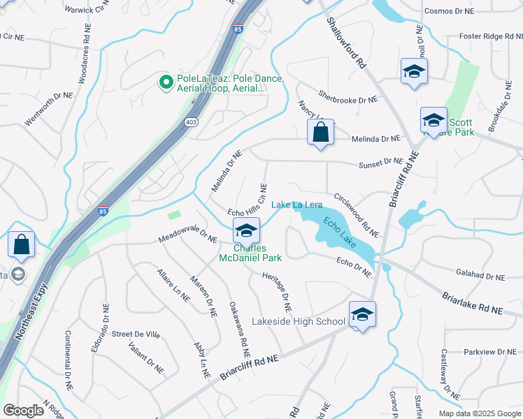 map of restaurants, bars, coffee shops, grocery stores, and more near 2304 Echo Hills Circle Northeast in Atlanta