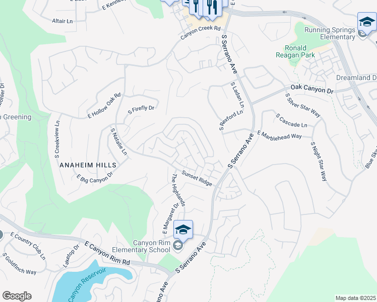 map of restaurants, bars, coffee shops, grocery stores, and more near 1071 South Positano Avenue in Anaheim