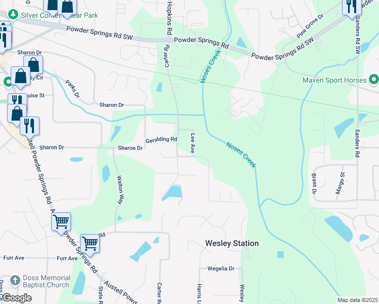 map of restaurants, bars, coffee shops, grocery stores, and more near 3484 Lynne Road in Powder Springs