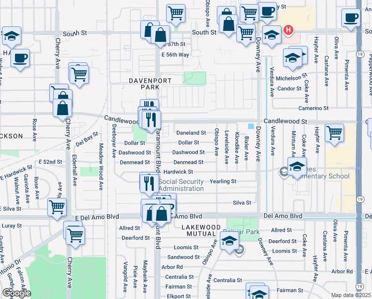 map of restaurants, bars, coffee shops, grocery stores, and more near 2802 Dollar Street in Lakewood