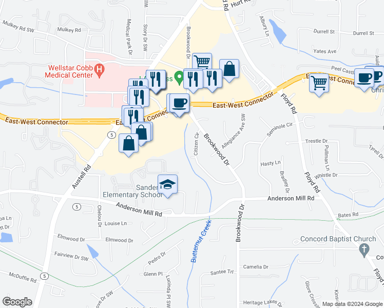 map of restaurants, bars, coffee shops, grocery stores, and more near 4160 Citizen Circle in Austell