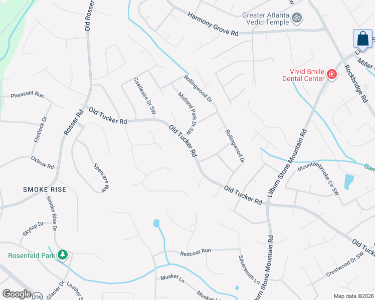 map of restaurants, bars, coffee shops, grocery stores, and more near 615 Old Tucker Road in Stone Mountain