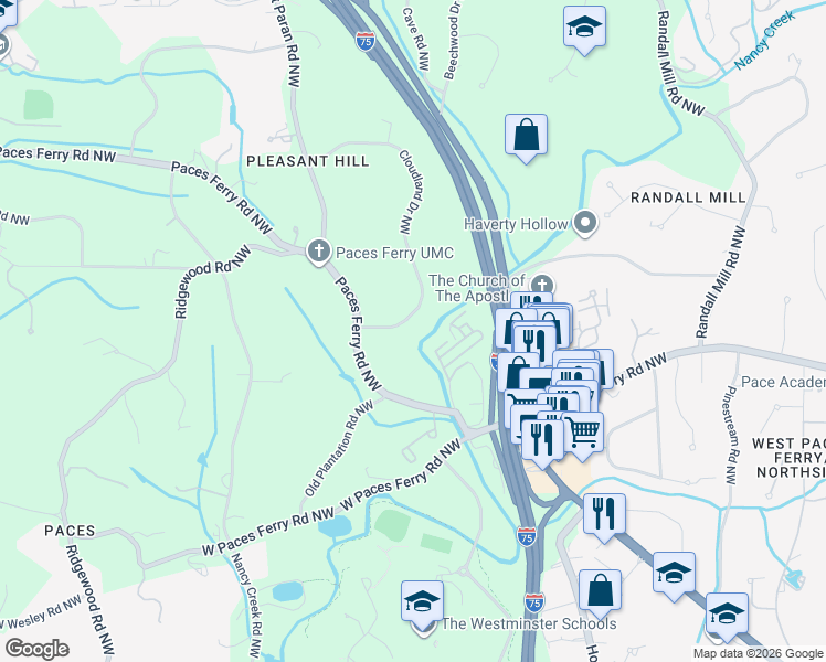 map of restaurants, bars, coffee shops, grocery stores, and more near 3581 Cloudland Drive Northwest in Atlanta