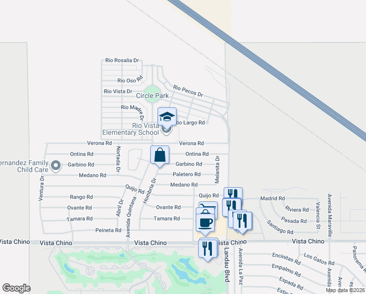 map of restaurants, bars, coffee shops, grocery stores, and more near 67735 Verona Road in Cathedral City