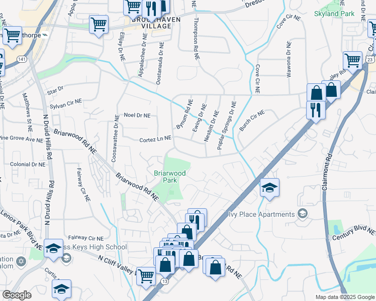 map of restaurants, bars, coffee shops, grocery stores, and more near 2265 Drew Valley Road Northeast in Atlanta