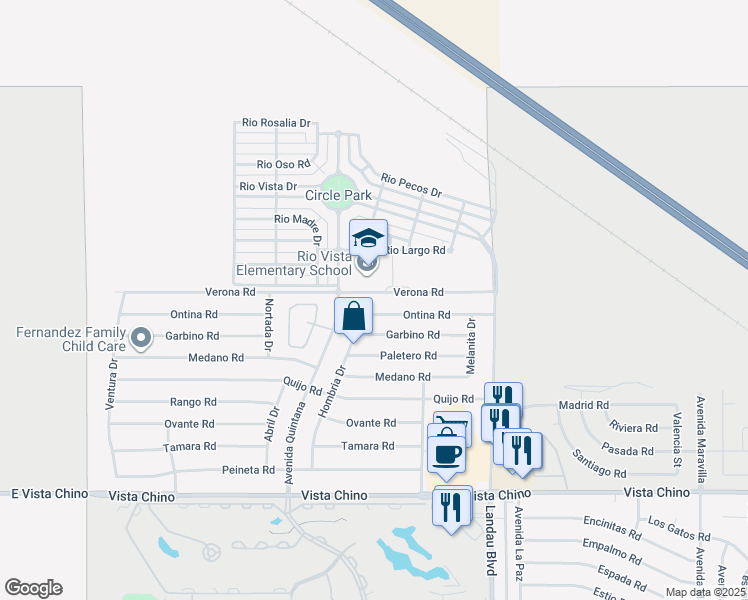 map of restaurants, bars, coffee shops, grocery stores, and more near 67685 Verona Road in Cathedral City