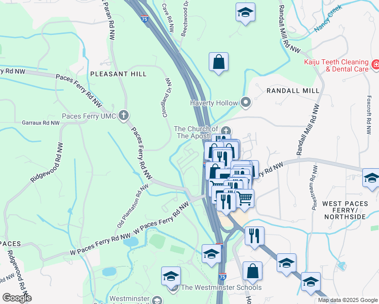 map of restaurants, bars, coffee shops, grocery stores, and more near 3488 Paces Place Northwest in Atlanta