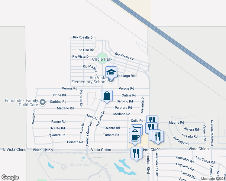 map of restaurants, bars, coffee shops, grocery stores, and more near 67685 Verona Road in Cathedral City
