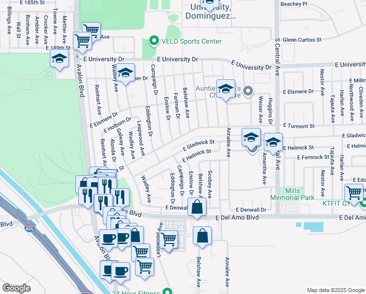 map of restaurants, bars, coffee shops, grocery stores, and more near 953 East Gladwick Street in Carson