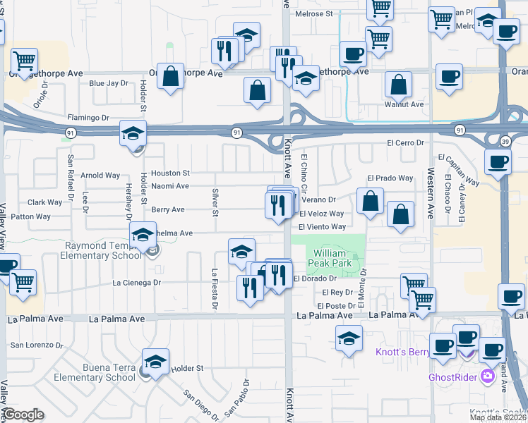 map of restaurants, bars, coffee shops, grocery stores, and more near 6926 Berry Avenue in Buena Park