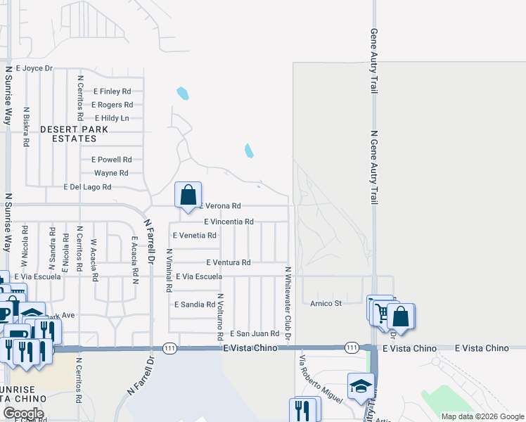 map of restaurants, bars, coffee shops, grocery stores, and more near 3101 East Verona Road in Palm Springs