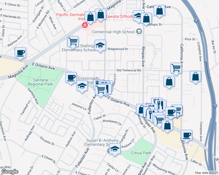 map of restaurants, bars, coffee shops, grocery stores, and more near 2188 Turnberry Lane in Corona