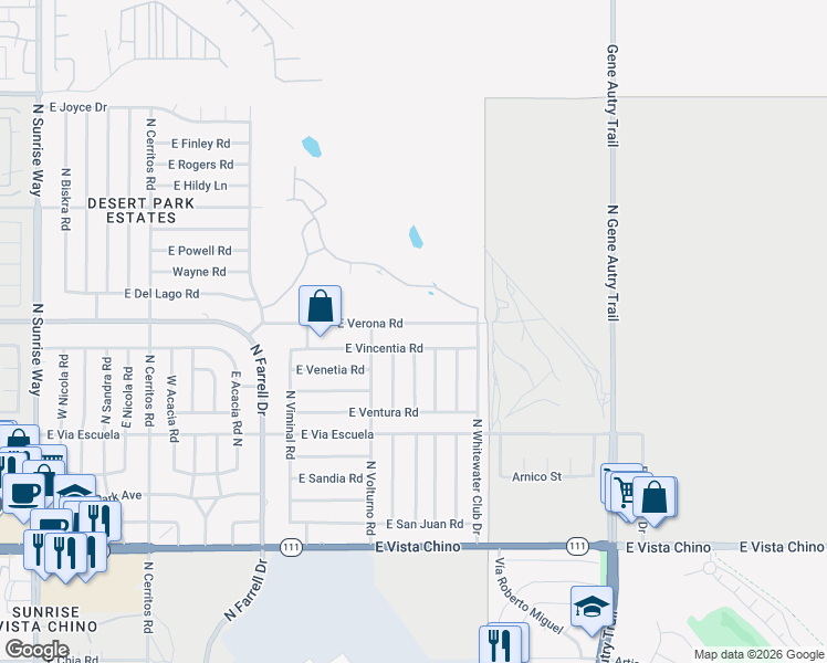 map of restaurants, bars, coffee shops, grocery stores, and more near 3033 East Verona Road in Palm Springs