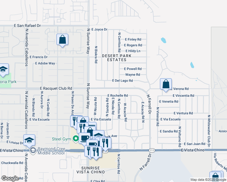 map of restaurants, bars, coffee shops, grocery stores, and more near 2025 East Racquet Club Road in Palm Springs