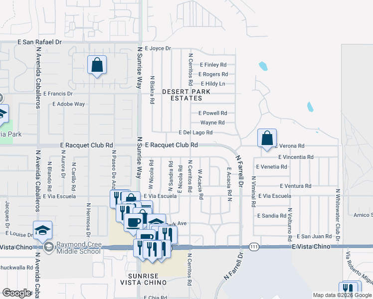 map of restaurants, bars, coffee shops, grocery stores, and more near 2025 East Racquet Club Road in Palm Springs
