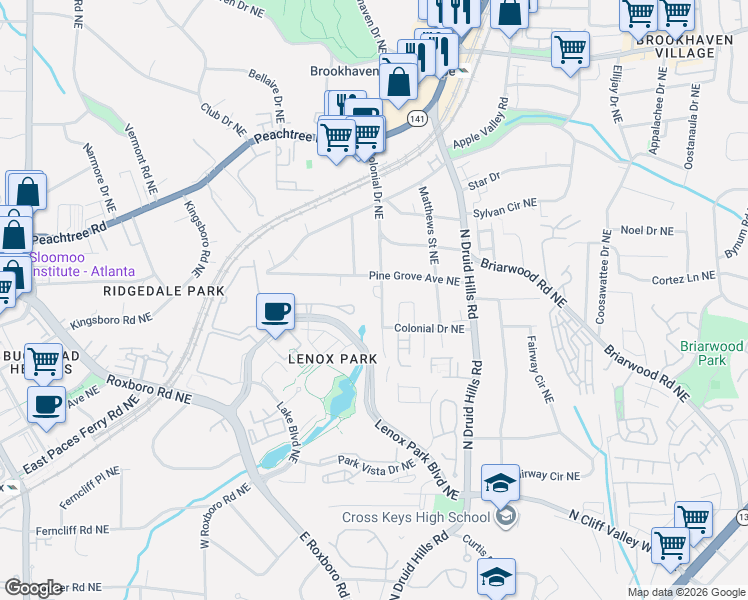 map of restaurants, bars, coffee shops, grocery stores, and more near 2308 Colonial Drive Northeast in Atlanta