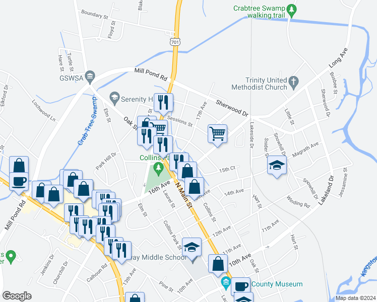 map of restaurants, bars, coffee shops, grocery stores, and more near 803 17th Avenue in Conway