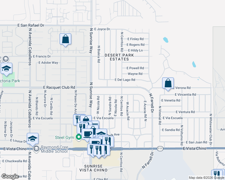 map of restaurants, bars, coffee shops, grocery stores, and more near 2025 East Racquet Club Road in Palm Springs